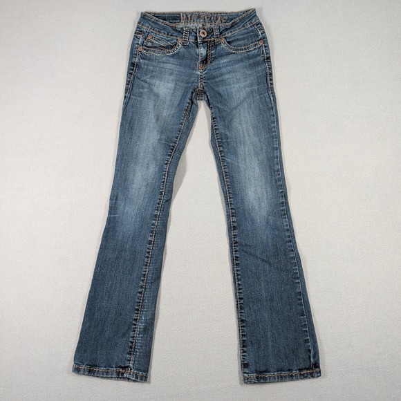 Miss Chic Denim - Miss Chic Jeans Womens 3 Blue Denim Low Rise Bootcut Embellished Flap Pocket